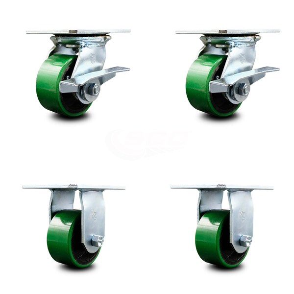 4 Inch Green Poly on Cast Iron Caster Set with Ball Bearing 2 Brakes and 2 Rigid